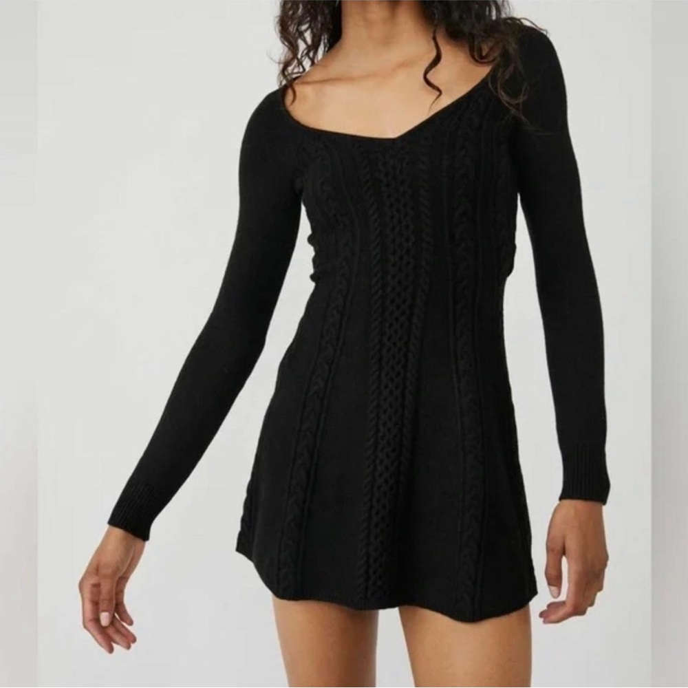 Free People Black Cable Knit Long Sleeve Mini Dress